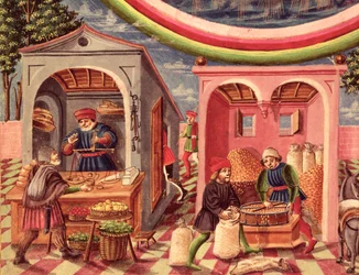 Lat Lat 209 fol.6v Júpiter, detalhe de comerciantes de frutas e grãos, de De Sphaera, c.1470 detalhe de pergaminho de 308309