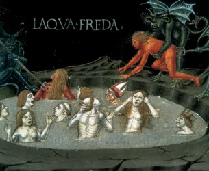 Representação de um círculo de submundo: represas em água fria. Miniatura de Cristoforo De Predis (1440-1486), da História do Novo Testamento.