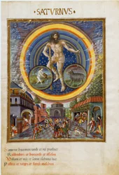 Saturno com os signos do zodíaco de Aquário e Capricórnio. As cenas de jogo e a sua influência nos homens. (miniatura, cerca de 1470)
