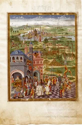 Cena de tortura e condenações numa cidade medieval. Influências de Saturno (miniatura, c. 1470)