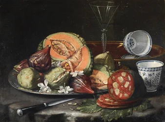 ""Natureza morta"" (Natureza morta) Melão, salsicha, figos e porcelana chinesa Pintura de Cristoforo Monari (Munari) (1667-1720), - Óleo sobre tela, 44x56 - Fundação Custodia
