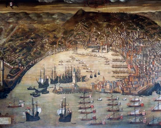 Vista de Gênova e seu porto, Pintura de Cristoforo Grassi (1565-1598), Itália