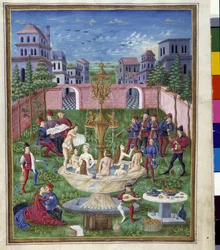 Influência de Mercúrio: o Jardim do Amor e a Fonte da Juventude. Miniatura feita por Cristoforo de Predis (v. 1440-v. 1486) - em "De Sphaera" d