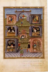 Influências de Mercúrio: os artesãos. Uma cena culinária rodeada por uma cena de refeições, um copista, um relojoeiro, um armeiro, um organeiro, um escultor e um pintor de arte sacra (miniatura, c.1470).