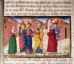 Jesus se dirige à mulher culpada de adultério Miniatura por Cristoforo De Predis (1440-1486) após a História do Novo Testamento (fol. 61)