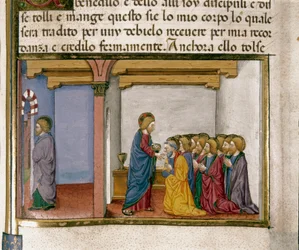 Jesus dá pão ao apóstolo, símbolo do seu corpo, enquanto Judas sai Miniatura de Cristoforo De Predis (1440-1486) depois da História do Novo Testamento