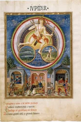 Júpiter com sinais zodiacais de peixes e Sagitário. Comerciantes que vendem vários artigos. (miniatura, c.1470)