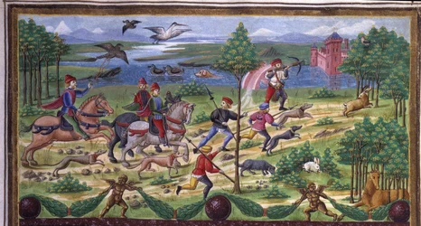 Detalhe de La Chasse em "Influence de mars": caça e corte. Miniatura feita por Cristoforo de Predis (v. 1440-v. 1486) - em "De Sphaera" d