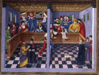 O Tribunal (Il Tribunale) em "Influência de Março": a caça e o tribunal. Miniatura feita por Cristoforo de Predis (c. 1440-v. 1486) - em "De Sphaera" d