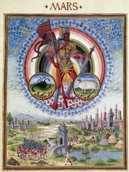 Marte com os signos do zodíaco de escorpião e Belier. Lá em baixo, as cenas de batalha. Miniatura feita por Cristoforo de Predis (v. 1440-v. 1486) - em "De Sphaera" d