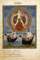 Lua com o signo do zodíaco do cancro. Barcos durante a subida da égua (miniatura, c.1470)