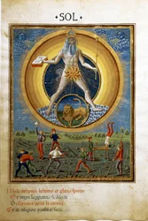 Sol com o signo do zodíaco do leão. Cenas dos exercícios físicos dos homens. (miniatura, c.1470)