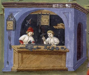 um relojoeiro em "Influência da Lua": artesãos. Miniatura feita por Cristoforo de Predis (v. 1440-v. 1486) - em "De Sphaera" d