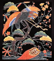 Grous e tartaruga de cauda longa (tsurugame), pormenor de tecido de quimono com motivos auspiciosos, civilização japonesa, período Edo