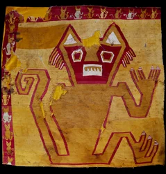 Arte pré-colombiana, civilização Nazca: fragmento de tecido com representação zoomórfica. 100 BC-800 AD. Goteborg, museu etnográfico