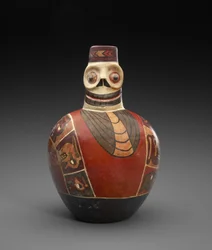 Garrafa Figural com Máscara Mortal, 600-1000 DC (faiança com barbotina)