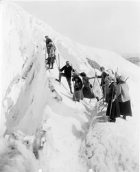 Grupo de homens e mulheres a subir o glaciar Paradise no Parque Nacional do Monte Rainier, Washington