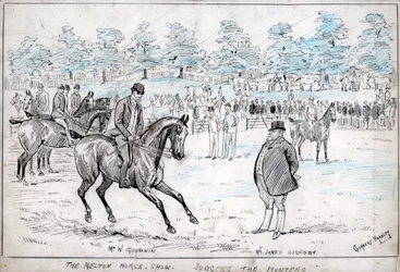 A mostra do cavalo de Melton, julgando os caçadores, c1880-1940.