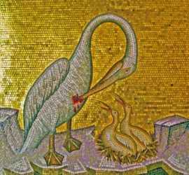 Pelicano mãe, alimentação, dela, jovem, com, seu, próprio, sangue, Kykkos, mosteiro, Troodos, montanhas, chipre, (mosaic)