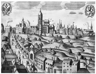 Vista de Praga mostrando o Palácio Imperial e a Faculdade de Teologia, c.1618