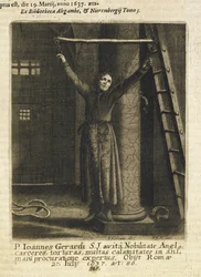 John Gerard, um padre jesuíta inglês, suspenso das correntes na parede do calabouço da Torre de Londres (gravura)