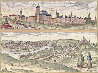 Vista de Praga mostrando (acima) o Palácio Imperial (Hradschin) e (abaixo) o rio Vltava que separa as secções antigas e modernas da cidade (gravura)