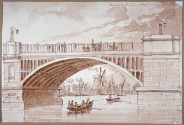 Vista de um pequeno barco passando por baixo da ponte Vauxhall, Londres, 1820.
