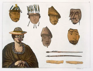 Detalhe, de, headdresses, e, armas, para, pesca, em, alasca, cor, gravura