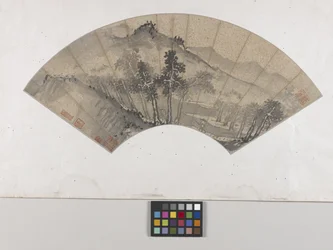 Paisagem de montanha com figuras (tinta sobre papel salpicado de ouro, pintura em leque)