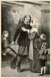 Christian confiou em sua esposa dos peregrinos Progresso deste mundo, para o que está por vir John Bunyan (1628-1688) ilustração por Thomas Dalziel (1823-1906) Christian com o pesado burde