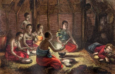 Mungo Park descansando em uma cabana de um nativo em Sego, Bambarra, 1796 (xilogravura colorida)