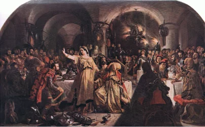 O fantasma de Banquo (Macbeth) "Prithee, see there! behold! look! Lo! How say you?", do pub The Complete Works of William Shakespeare. por J Coker & Co Ltd (lito colorido)