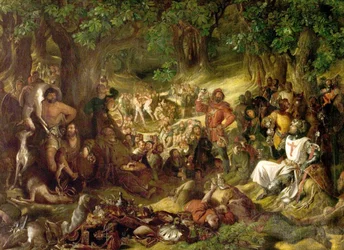 Robin Hood e seus homens alegres entretendo Ricardo Coração de Leão na floresta de Sherwood