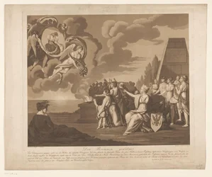 Alegoria do casamento (provavelmente) de Frederico Guilherme III da Prússia com Louise van Mecklenburg-Strelitz, 1793 Den Brennen Widmet (título no objeto)