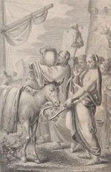 Figuras à direita perto de um navio, algumas segurando animais sobre suas cabeças, um cavalo à esquerda, 1783
