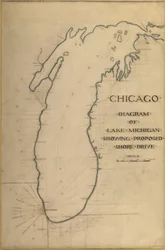 Placa 35 do Plano de Chicago 1909: Chicago e Diagrama do Lago Michigan. Estrada proposta...
