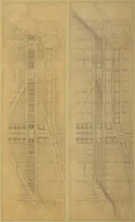 Ilustração 79 2 Desenhos do Plano de Chicago, 1909: Sugestão de localização e disposição do...