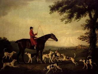 Caçador com cães em uma paisagem