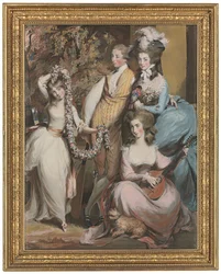 Retrato de corpo inteiro de Mary Sturt de Crichel (1740-1807), de pé, com os seus três filhos mais velhos, Diana, Mary e Humphry (lápis, pastel e cor de corpo)