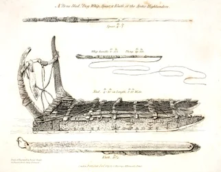 Um trenó de osso, chicote de cachorro, lança e faca dos Highlanders do Ártico, ilustração de &39;A Voyage of discovery ...&39;, 1819