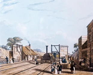 Liverpool e Manchester Railway: tomando água em Parkside, 1831 (aquatint)