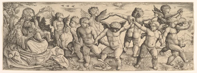 Virgem e criança com anjos dançando em uma paisagem, década de 1530.