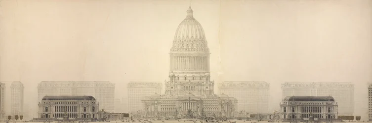 Placa 131 de The Plan of Chicago, 1909: Chicago. Elevação mostrando o grupo de edifícios que constituem o Centro Cívico proposto.