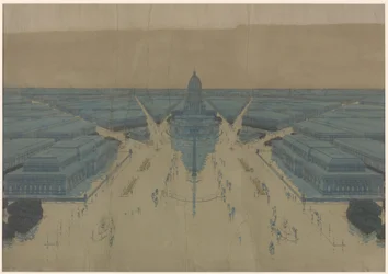 Vista da praça e dos edifícios propostos para o Centro Cívico, plano de Chicago de 1909