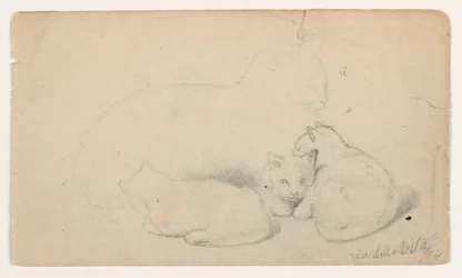Desenho, Gato e três gatinhos; Verso: Homem árabe sentado a receber um homem, possivelmente segundo David Roberts, 1844