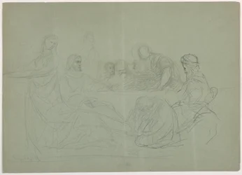 Desenho, Maria lavando os pés de Cristo, vários homens sentados a uma mesa; verso: notas, 1852