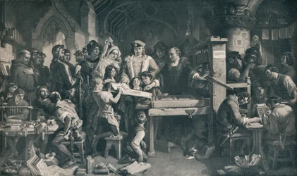 Caxton mostrando o primeiro exemplar de sua impressão ao rei Eduardo IV, c1858, 1911