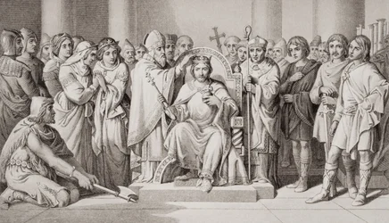 Coroação de Haroldo II (c.1022-66) Rei dos anglo-saxões em 1066 dC, de "Ilustrações da História escocesa e inglesa" volume I