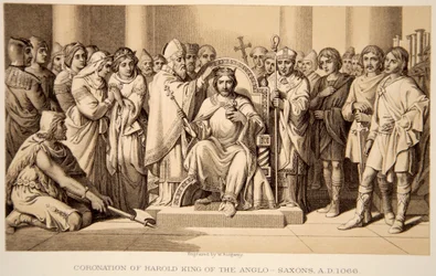 Coroação de Haroldo II em 1066, gravada por W. Ridgeway