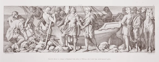 Harold, prestes a voltar para a Inglaterra, diz adeus a William, que o carrega com presentes de despedida, de "A História da Conquista Normanda", gravada por L. Gruner, 1866.